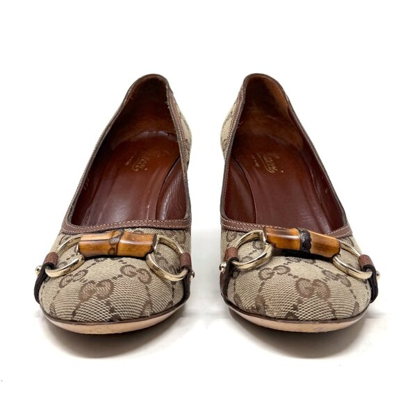 Gucci Monogram Brown Canvas Pumps Bamboo‎ Bit Heels Size 8 Classic Designer - Picture 4 of 10